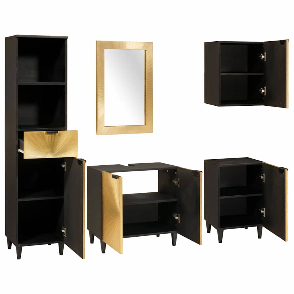 Bathroom Furniture Sets 5 pcs Black and Gold Solid mango wood